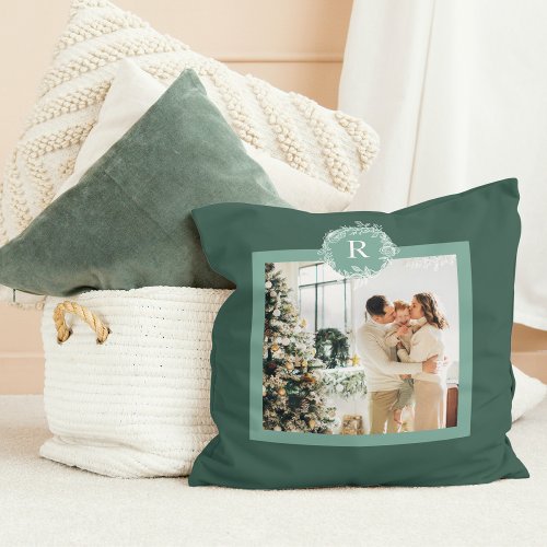 Modern Monogram Green  Family Photo  Initial Throw Pillow