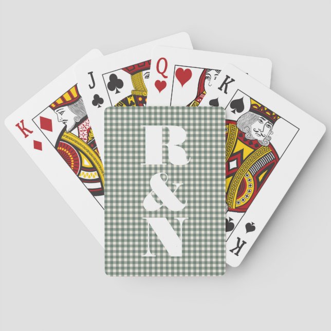 Modern Monogram Green Gingham Custom Wedding Poker Cards (Back)