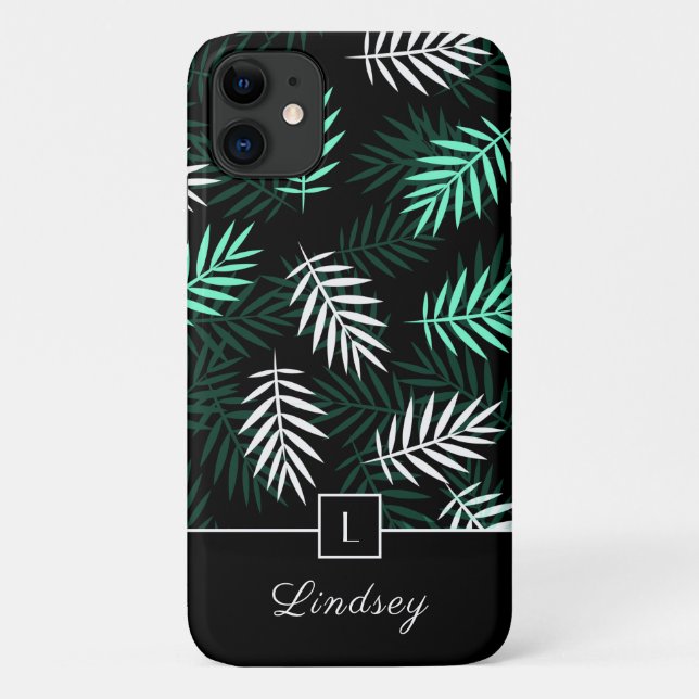 Modern Monogram Green Leaves Pattern  Case-Mate iPhone Case (Back)