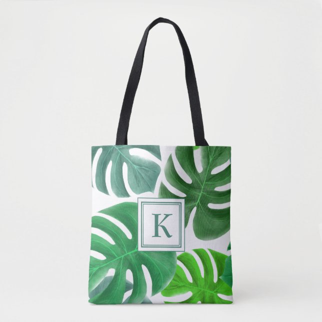 Modern Monogram Green Palm Leaves Tote Bag (Front)