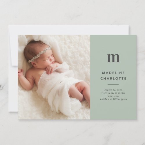 Modern Monogram Green Photo Birth Announcement