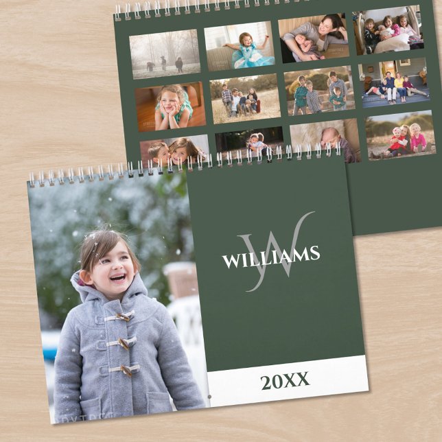 Modern Monogram Green Photo Calendar (Modern Monogram Green Photo Calendar, front/back)
