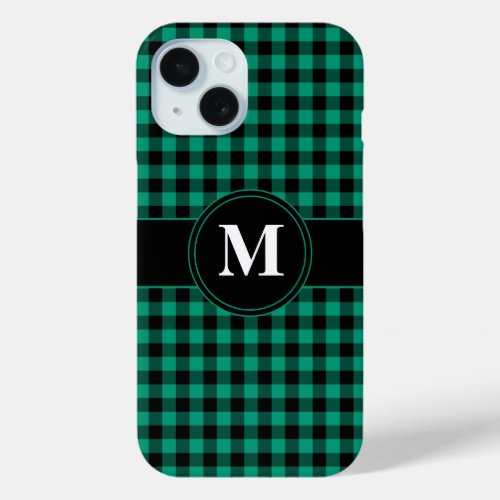 Modern Monogram Green Plaid Pattern iPhone 15 Case