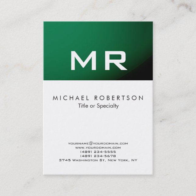 Modern Monogram Green Striped White Business Card (Front)