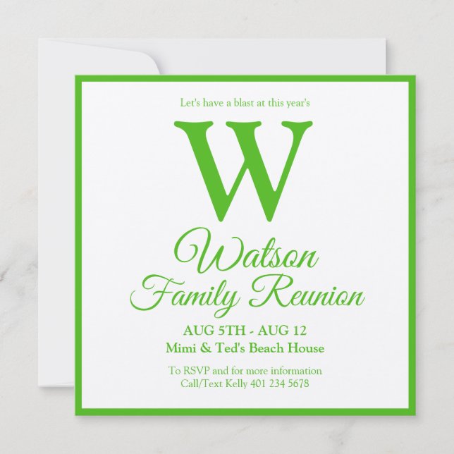 Modern Monogram Green Stripes Family Reunion Invitation (Front)