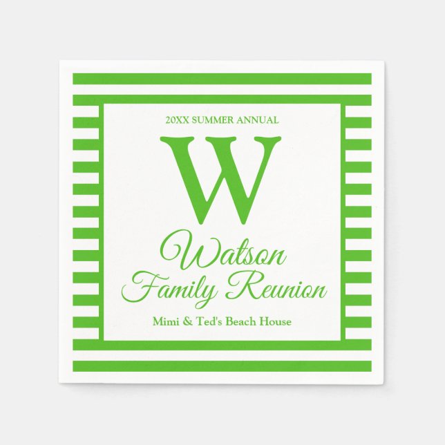 Modern Monogram Green Stripes Family Reunion Napkins (Front)