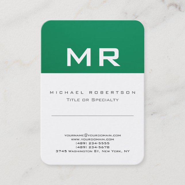 Modern Monogram Green White Clean Business Card (Front)