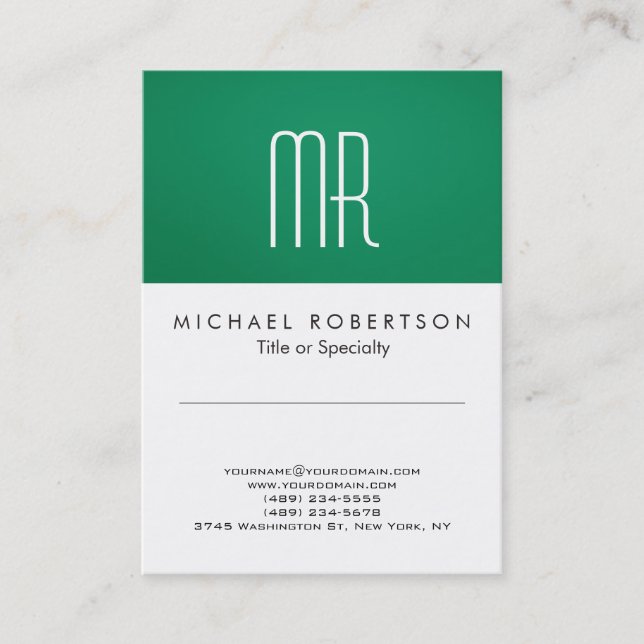 Modern Monogram Green White Clean Business Card (Front)