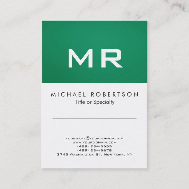 Modern Monogram Green White Clean Business Card (Front)