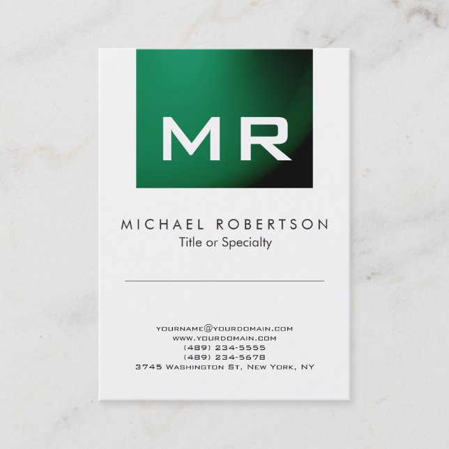 Modern Monogram Green White Clean Business Card (Front)