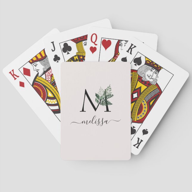 Modern monogram greenery poker cards (Back)