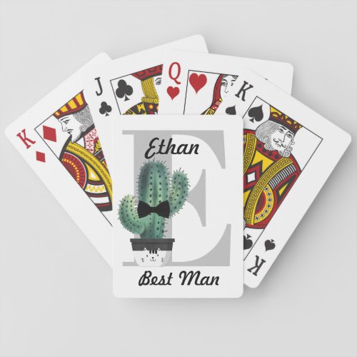 Modern Monogram Greenery Tied Cactus Best Man Gift Playing Cards