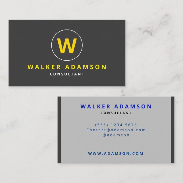 Modern (Monogram) Grey & Matte Black Business Card (Front/Back)