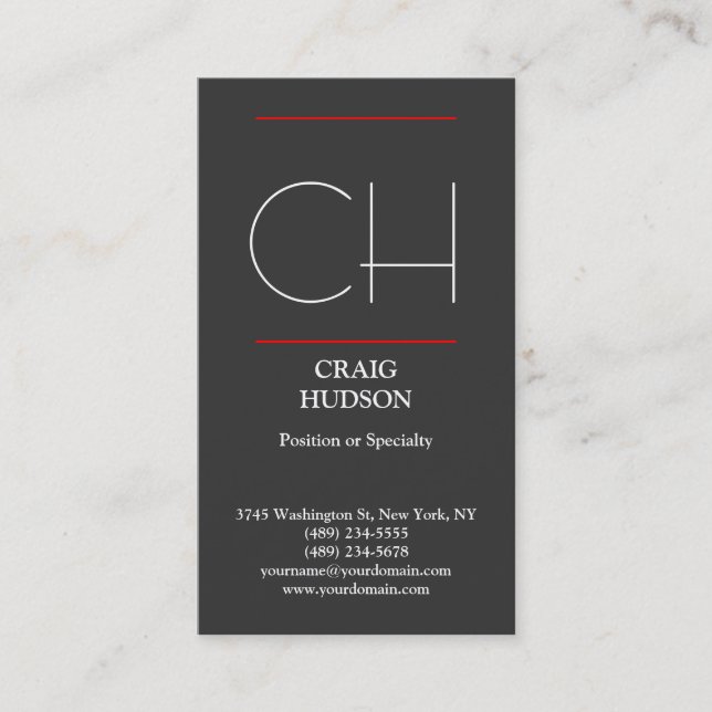 Modern Monogram Grey White Red Business Card (Front)