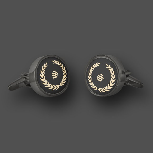 Modern Monogram Groomsmen Elegant Black Gold  Cufflinks (Modern Monogram Initial Elegant Black Gold Cufflinks
)