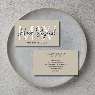 Modern Monogram Hair Stylist Beige Business Card