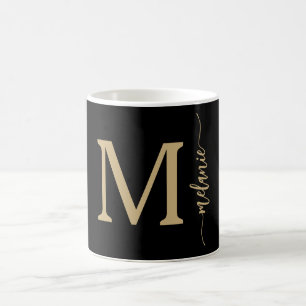 Modern Monogram Hand Lettered Gold Black Mug