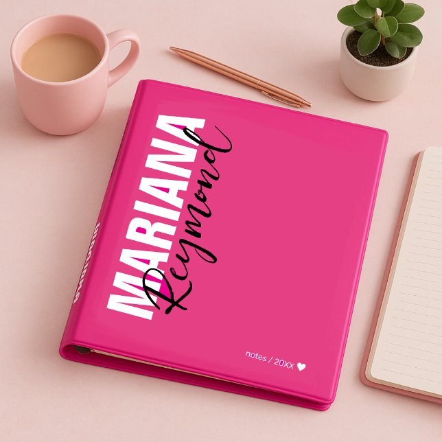 Modern Monogram Handwriting Name Hot Pink 3 Ring Binder (Creator Uploaded)