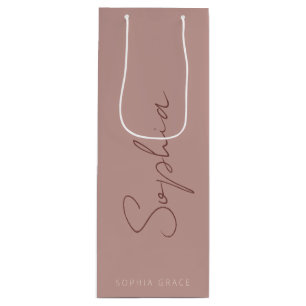 Modern Monogram Handwritten Script Dusty Rose  Wine Gift Bag