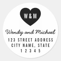 Modern Monogram Heart Couple Wedding Address Classic Round Sticker