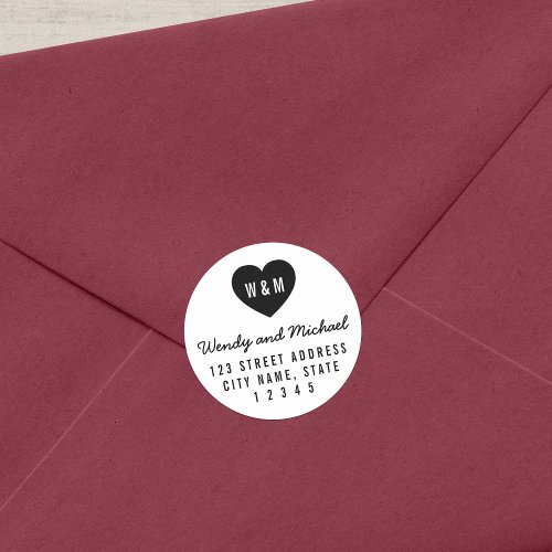 Modern Monogram Heart Couple Wedding Address Classic Round Sticker