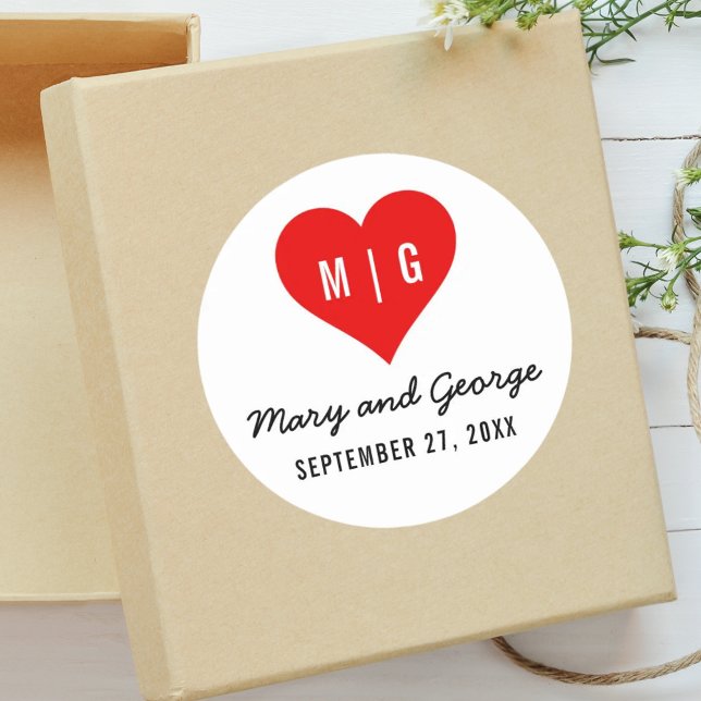 Modern Monogram Heart Custom Wedding Save The Date Classic Round Sticker (Creator Uploaded)