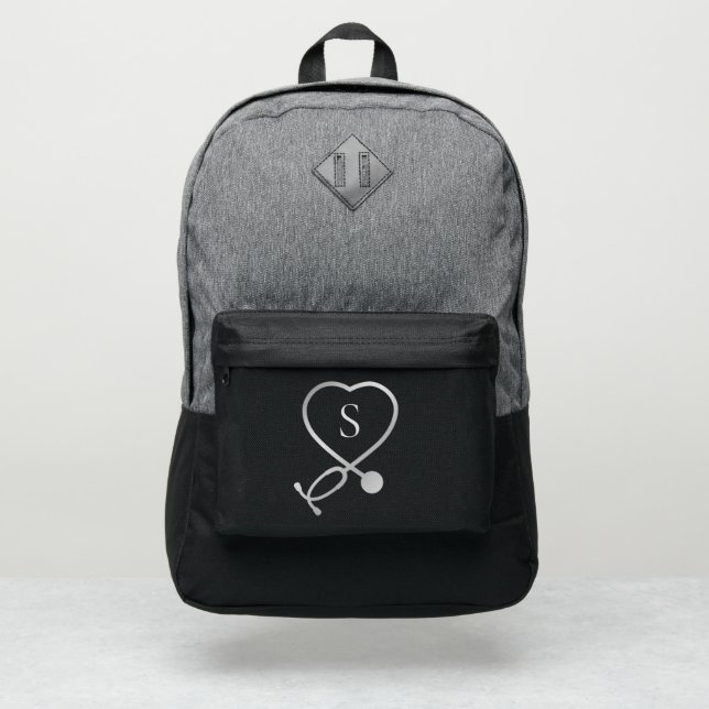 Modern Monogram Heart Stethoscope Personalized Port Authority® Backpack (Front)
