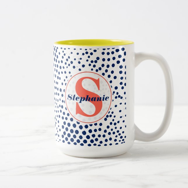 Modern Monogram Hearts and Blue Dots Patterned Two-Tone Coffee Mug (Right)