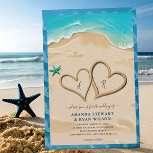 Modern Monogram Hearts in the Sand Wedding Invitation
