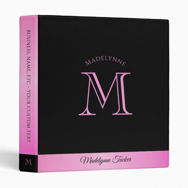 Modern Monogram Hot Pink & Black Office School 3 Ring Binder (Front/Spine)