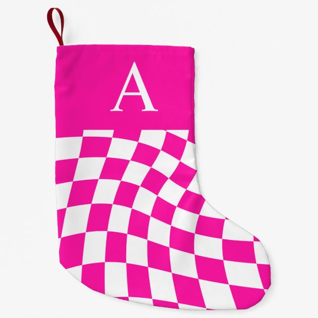 Modern Monogram Hot Pink Checkered  Small Christmas Stocking (Front)