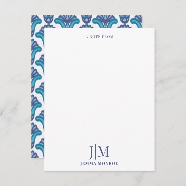 Modern Monogram Ikat Ethnic Pattern Floral Note Card (Front/Back)
