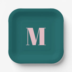 Modern Monogram Inital Letter Green Pink Paper Plates