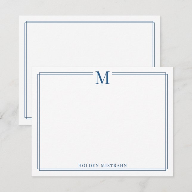 Modern Monogram Initial Blue Border Stationery Note Card (Front/Back)