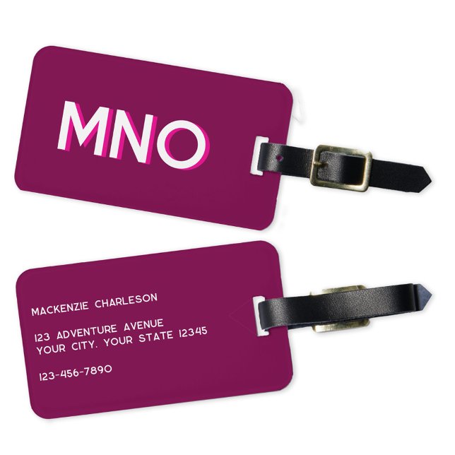 Modern Monogram Initial Dark Pink Burgundy Luggage Tag (Simple monogram initials personalized dark pink burgundy drop shadow typography luggage tag)