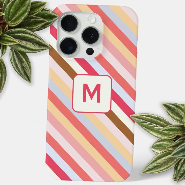 Modern Monogram Initial Diagonal Candy Stripe Case-Mate iPhone Case (Modern muted diagonal candy stripe monogram initial personalized cell phone case)