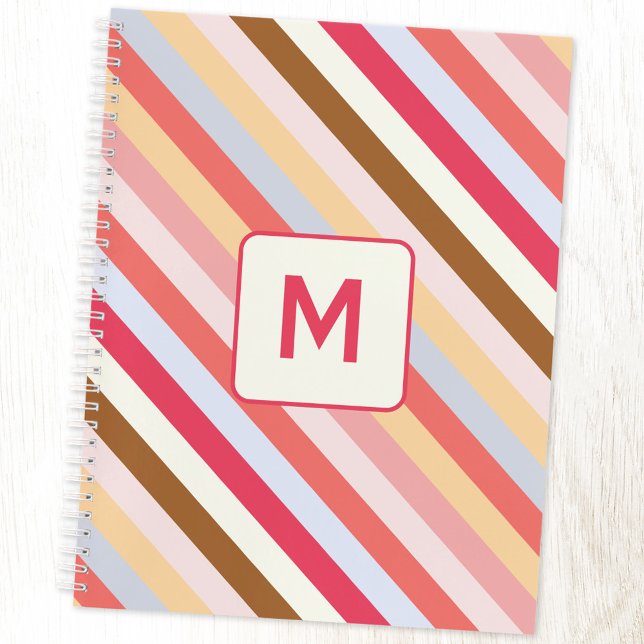 Modern Monogram Initial Diagonal Candy Stripe Notebook (Modern muted diagonal candy stripe monogram initial personalized notebook with choice of interior)