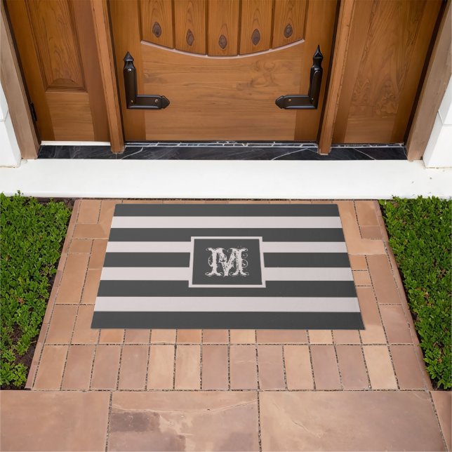 Modern Monogram Initial Elegant Chic Gray Striped  Doormat (Outdoor)
