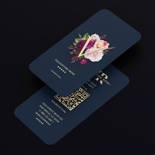 Modern Monogram Initial Elegant Floral Navy Blue Business Card