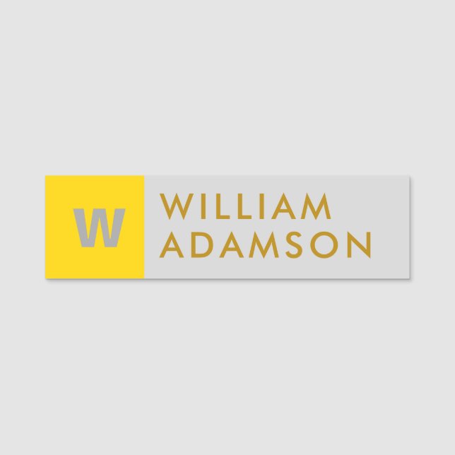 Modern Monogram Initial, Elegant Gold Gray Name Tag (Front)