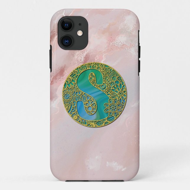 Modern Monogram Initial Gold Letter and Turquoise Case-Mate iPhone Case (Back)