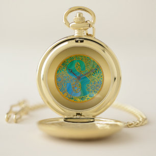 Modern Monogram Initial Gold Letter and Turquoise Pocket Watch