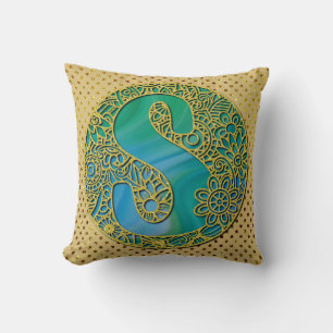 Modern Monogram Initial Gold Letter and Turquoise Throw Pillow