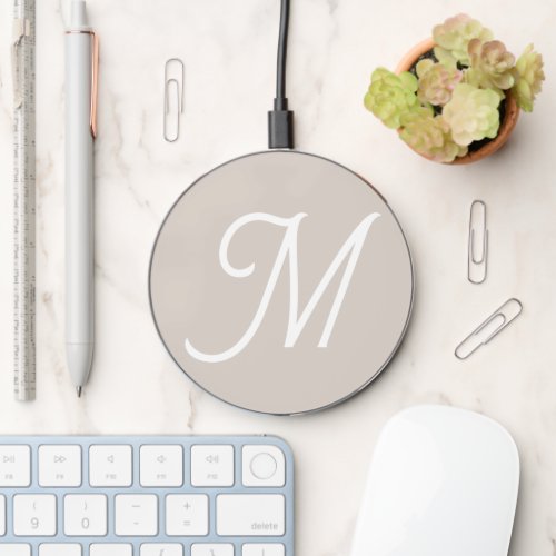 Modern Monogram Initial Letter Pastel Taupe Wireless Charger