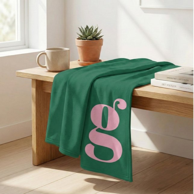 Modern Monogram Initial Letter Pink Green Preppy Fleece Blanket (Creator Uploaded)