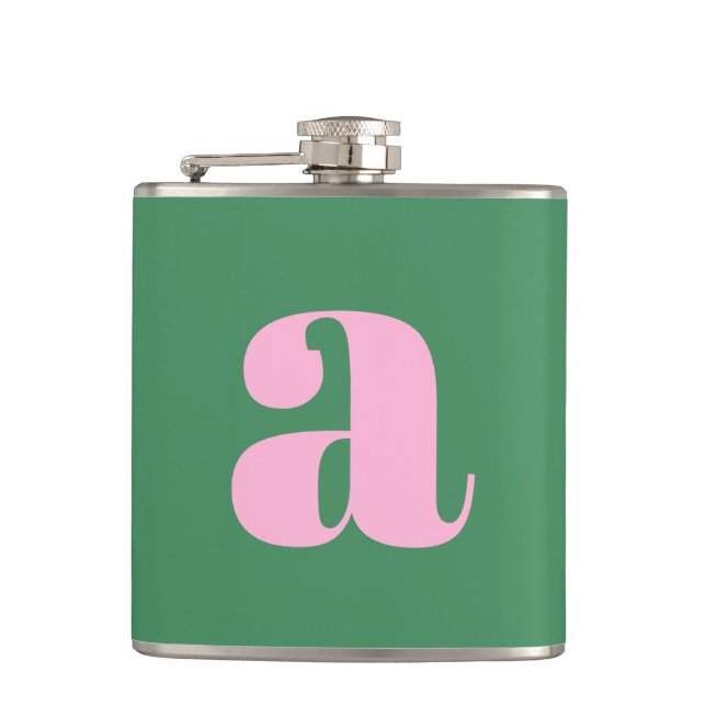 Modern Monogram Initial Letter Pink Green Wedding Flask (Front)