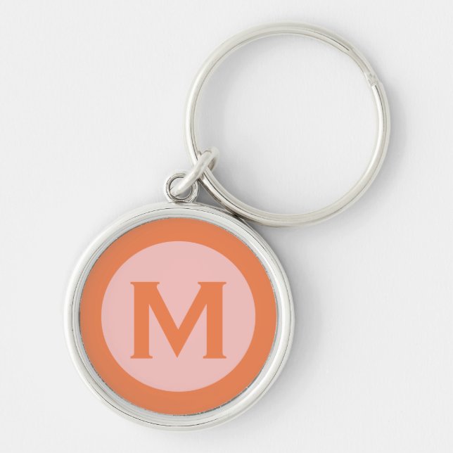 Modern Monogram Initial Letter Pink Orange Keychain (Front)