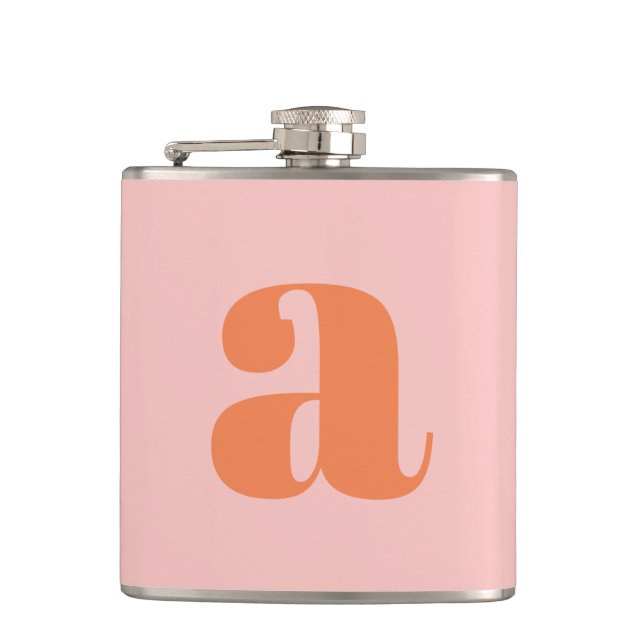 Modern Monogram Initial Letter Pink Orange Wedding Flask (Front)