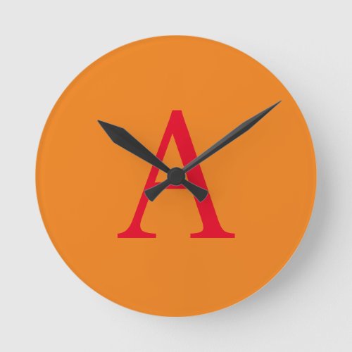 Modern Monogram Initial Letter Trendy Orange Red Round Clock