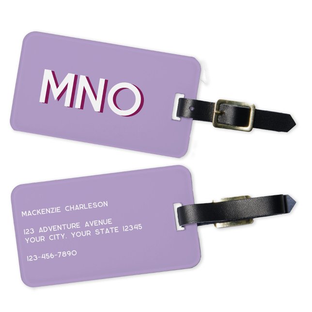 Modern Monogram Initial Lilac Luggage Tag (Simple monogram initials personalized lilac purple drop shadow typography luggage tag)